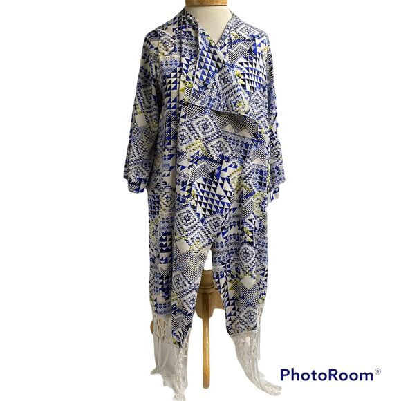 ING kimono Open front  Duster or Bathing suit cover size L Fringe trim on bottom - Picture 1 of 10